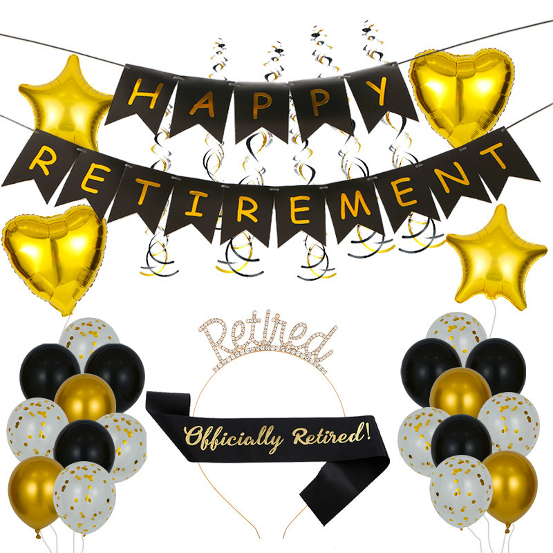 Diademă de petrecere pentru pensionare cu baloane litere negre-aurii RETIREMENT — decor Happy Retirement (12/18 inch)