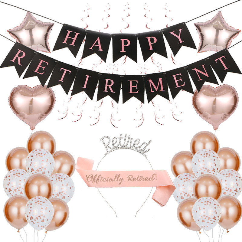 Diademă de petrecere pentru pensionare cu baloane litere negre-aurii RETIREMENT — decor Happy Retirement (12/18 inch)