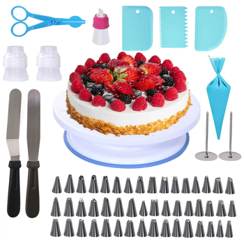 Set decorare torturi din 61 piese, cu platou rotativ pentru tort, duițe de decorare, spatulă pentru cremă și unelte de cofetărie