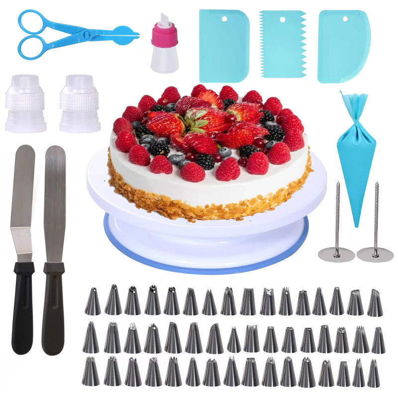 Set decorare torturi din 61 piese, cu platou rotativ pentru tort, duițe de decorare, spatulă pentru cremă și unelte de cofetărie