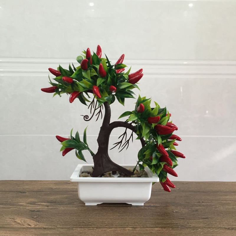 Bonsai artificial cu ardei pentru decor interior – plantă de masă cu ardei realist