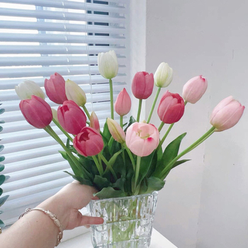 Buchet cu tulipani PU artificiale pentru decor interior, flori moi din cauciuc, buchet ținut în mână