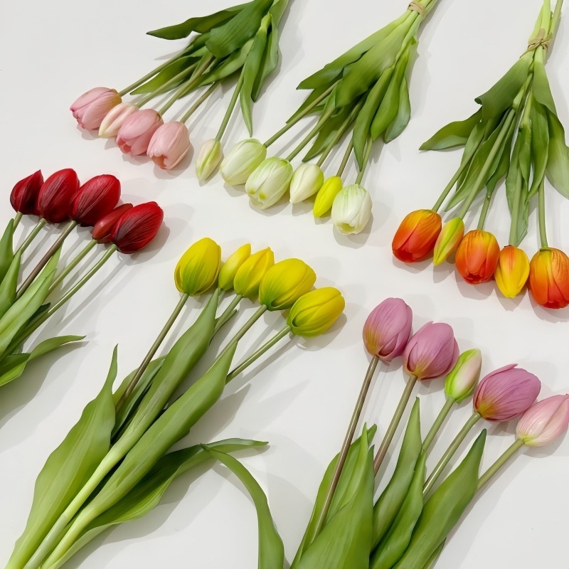 Buchet cu tulipani PU artificiale pentru decor interior, flori moi din cauciuc, buchet ținut în mână