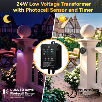 Set de iluminat RGBW exterior cu transformator, senzor de lumină și temporizator, IP67 impermeabil – pentru grădină, curte, terasă și trepte