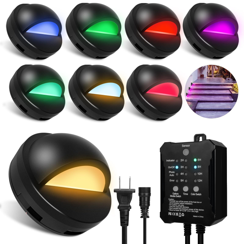 Set de iluminat RGBW exterior cu transformator, senzor de lumină și temporizator, IP67 impermeabil – pentru grădină, curte, terasă și trepte
