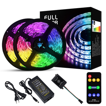 Bandă LED RGB5050 programabilă pentru iluminare ambientală în colț, seturi de 5m sau 10m, IP65, telecomandă și controler muzical incluse, 12V, 72W