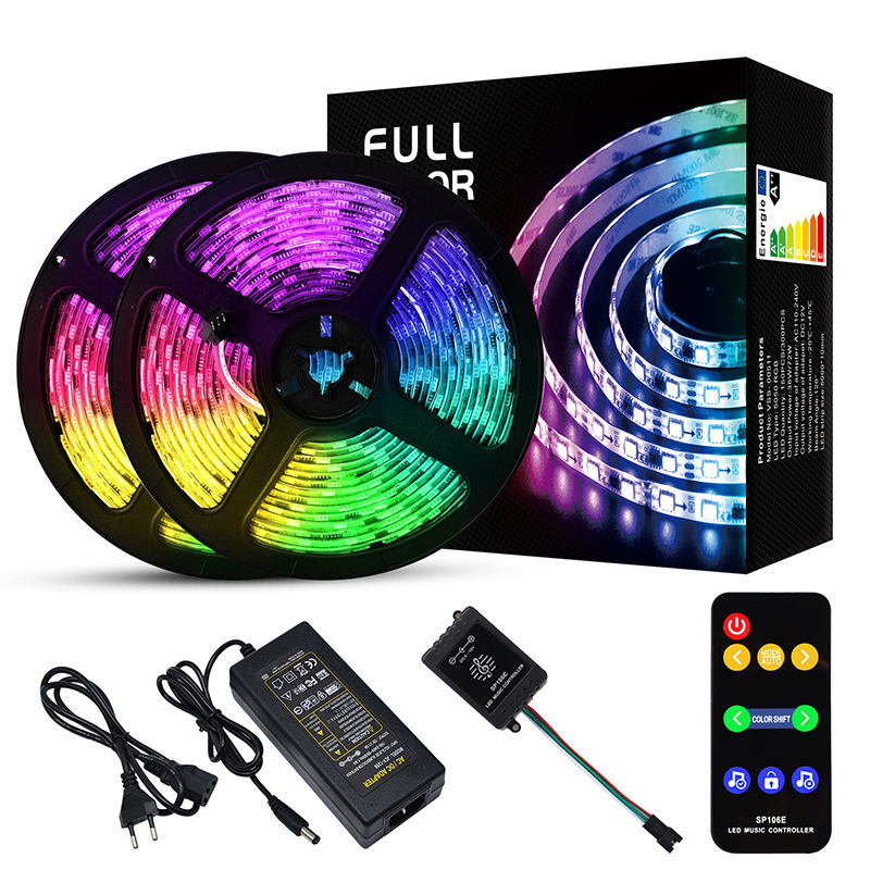 Bandă LED RGB5050 programabilă pentru iluminare ambientală în colț, seturi de 5m sau 10m, IP65, telecomandă și controler muzical incluse, 12V, 72W