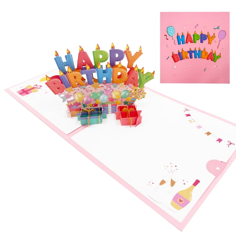 Card roz 3D de felicitare pentru invitații la ziua de naștere, pentru rude și prieteni