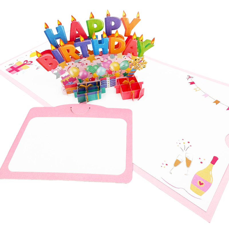 Card roz 3D de felicitare pentru invitații la ziua de naștere, pentru rude și prieteni