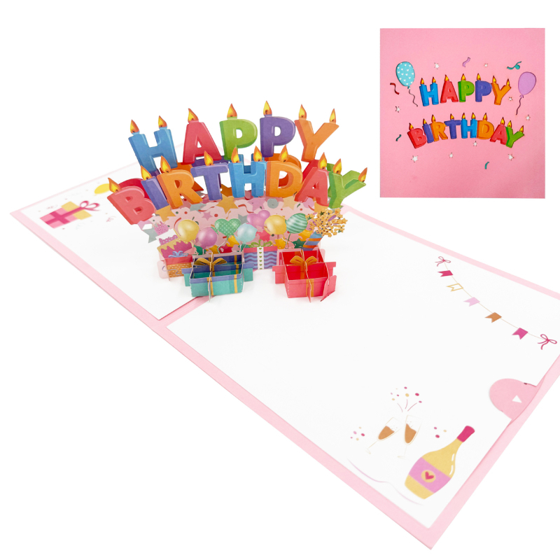 Card roz 3D de felicitare pentru invitații la ziua de naștere, pentru rude și prieteni
