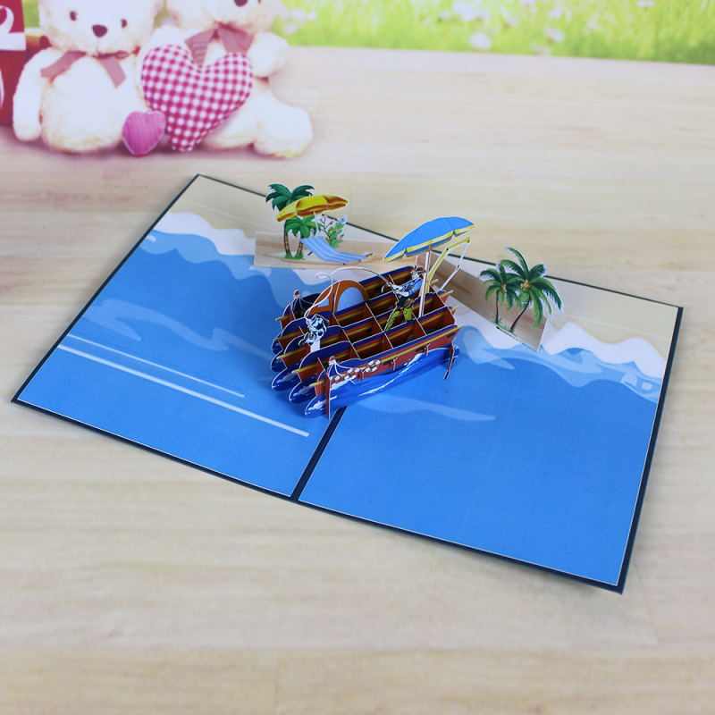 Card de salut 3D pop-up cu tematica iahtului și pescuitului, tăiere cu laser pe hârtie specială — invitație și suvenir