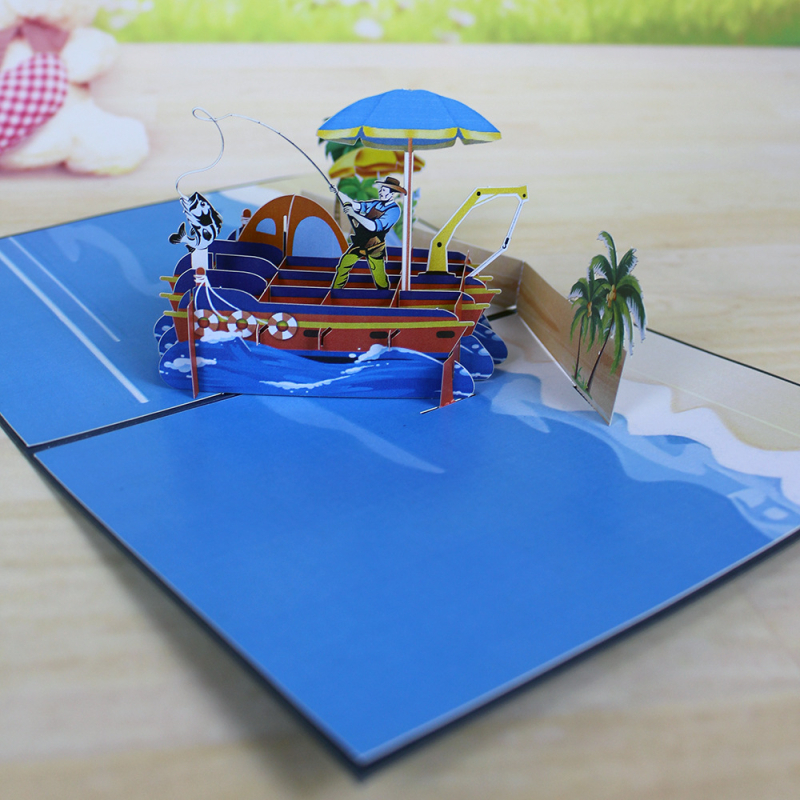 Card de salut 3D pop-up cu tematica iahtului și pescuitului, tăiere cu laser pe hârtie specială — invitație și suvenir