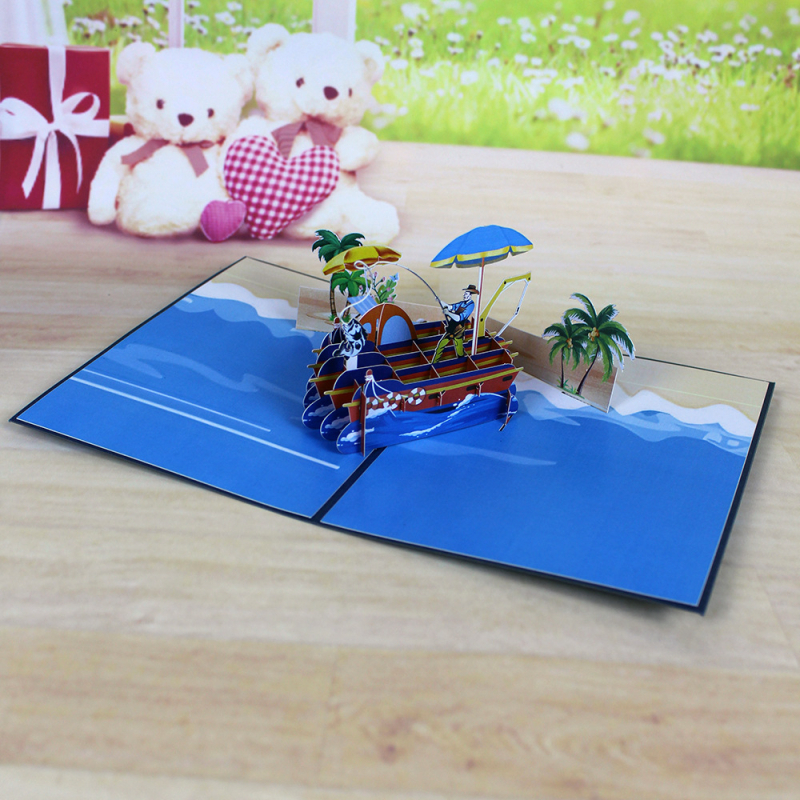 Card de salut 3D pop-up cu tematica iahtului și pescuitului, tăiere cu laser pe hârtie specială — invitație și suvenir