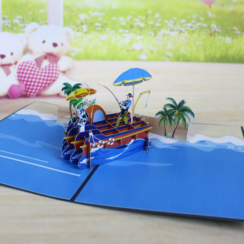 Card de salut 3D pop-up cu tematica iahtului și pescuitului, tăiere cu laser pe hârtie specială — invitație și suvenir