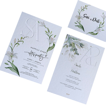Invitație personalizată și card de mulțumire pe hârtie din bumbac North Snow, 700 g, cu ștampilare cu folie, embossare și design pentru card de instrucțiuni