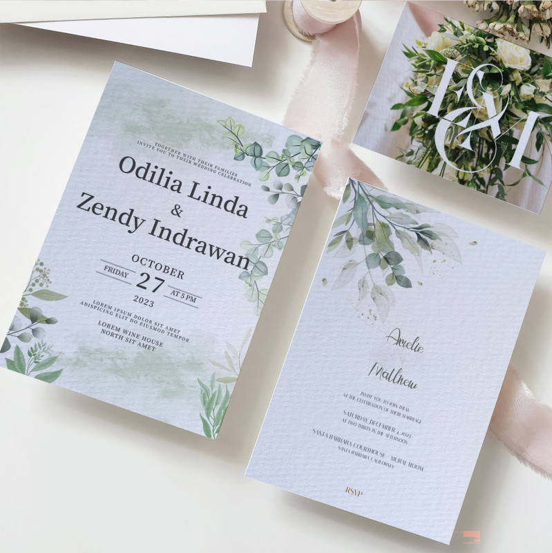 Invitație personalizată și card de mulțumire pe hârtie din bumbac North Snow, 700 g, cu ștampilare cu folie, embossare și design pentru card de instrucțiuni