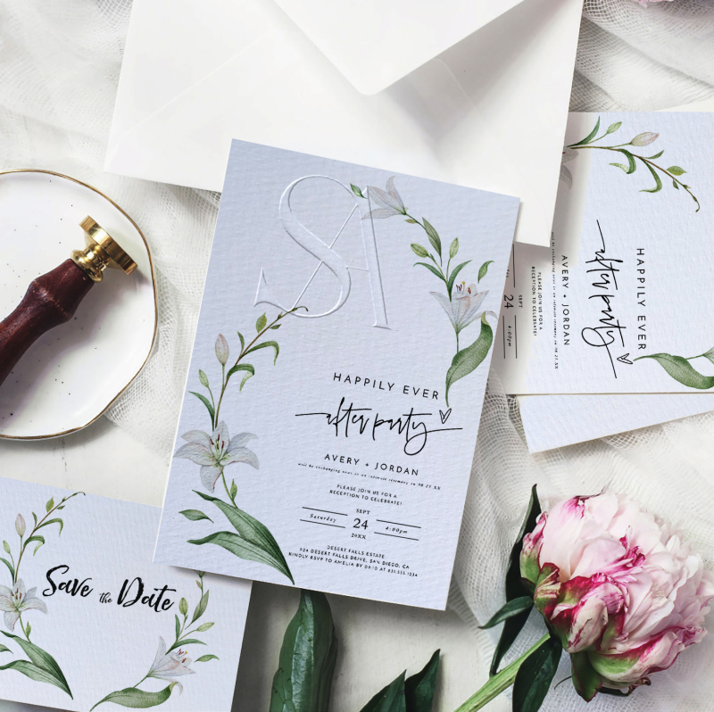 Invitație personalizată și card de mulțumire pe hârtie din bumbac North Snow, 700 g, cu ștampilare cu folie, embossare și design pentru card de instrucțiuni