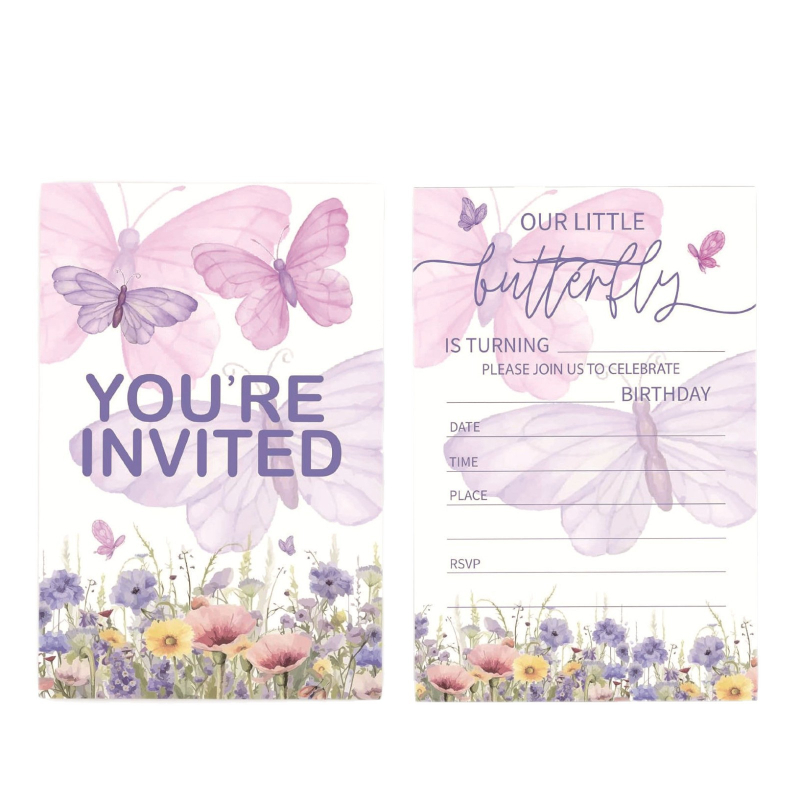 Invitație pentru ziua fetei cu fluturi și flori