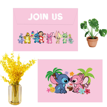 Invitație roz pentru ziua de naștere cu tema Stitch, pentru fete, invitație din hârtie cu plic