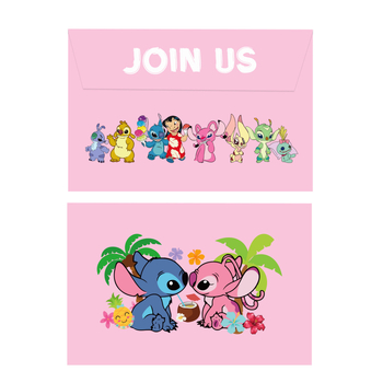 Invitație roz pentru ziua de naștere cu tema Stitch, pentru fete, invitație din hârtie cu plic