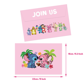 Invitație roz pentru ziua de naștere cu tema Stitch, pentru fete, invitație din hârtie cu plic