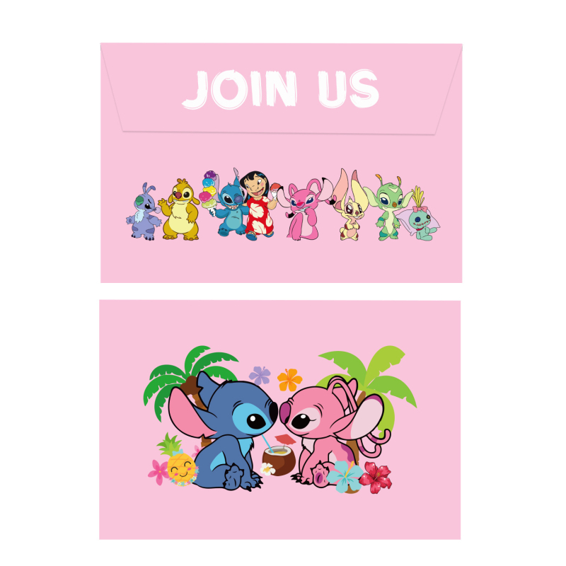 Invitație roz pentru ziua de naștere cu tema Stitch, pentru fete, invitație din hârtie cu plic