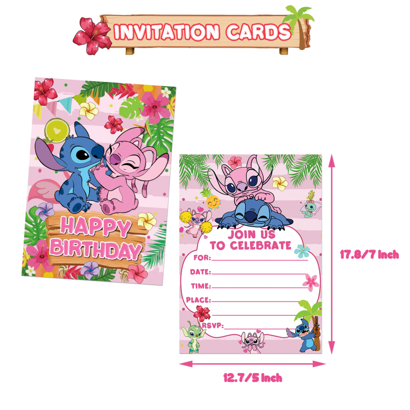 Invitație roz pentru ziua de naștere cu tema Stitch, pentru fete, invitație din hârtie cu plic