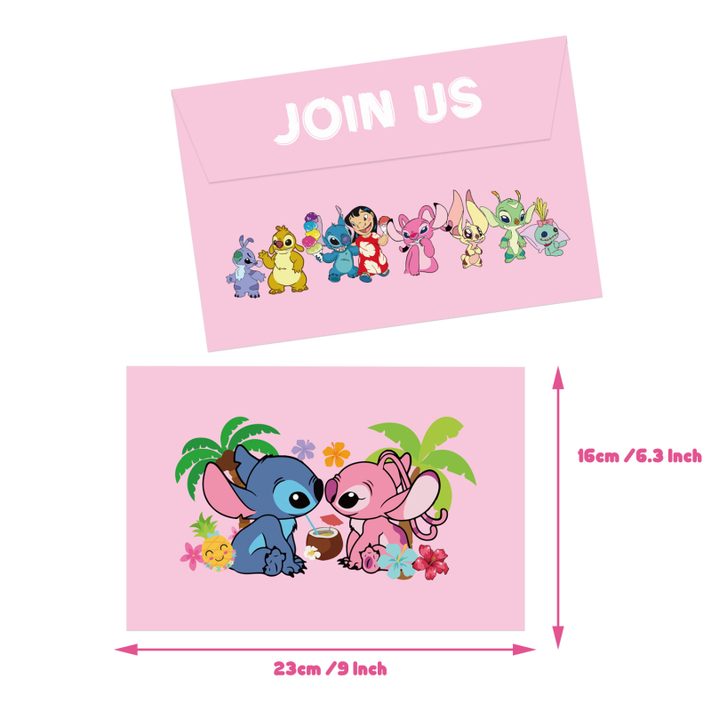 Invitație roz pentru ziua de naștere cu tema Stitch, pentru fete, invitație din hârtie cu plic