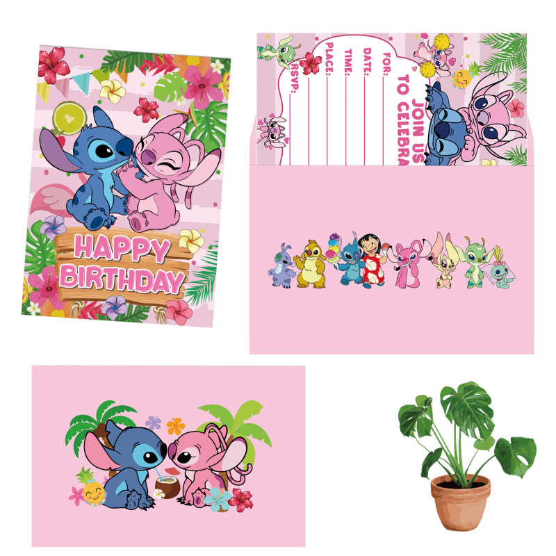 Invitație roz pentru ziua de naștere cu tema Stitch, pentru fete, invitație din hârtie cu plic