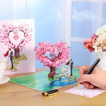 3D pop-up üdvözlőlap, szív alakú fával – Valentin-napi és esküvői meghívók, papíralapú kivitel
