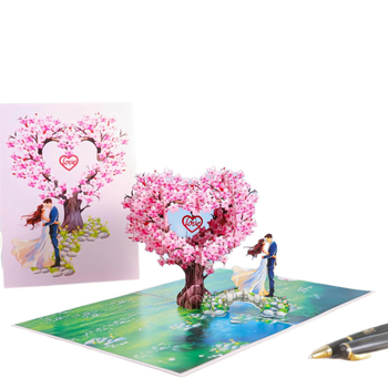 3D pop-up üdvözlőlap, szív alakú fával – Valentin-napi és esküvői meghívók, papíralapú kivitel