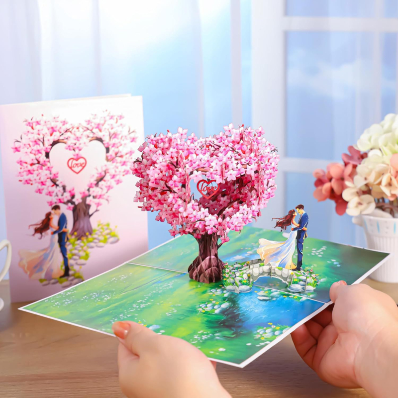 3D pop-up üdvözlőlap, szív alakú fával – Valentin-napi és esküvői meghívók, papíralapú kivitel