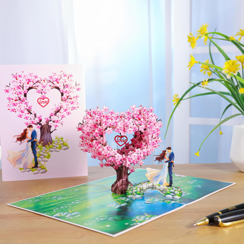 3D pop-up üdvözlőlap, szív alakú fával – Valentin-napi és esküvői meghívók, papíralapú kivitel