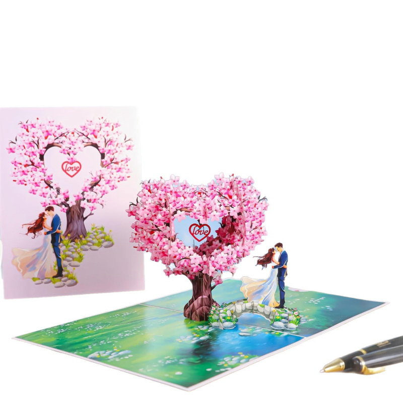 3D pop-up üdvözlőlap, szív alakú fával – Valentin-napi és esküvői meghívók, papíralapú kivitel