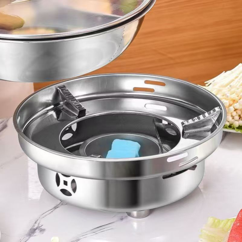 Set de vase din oțel inoxidabil pentru dry pot, cu arzător de alcool, oală mică compactă, bază integrată, pentru uz casnic și restaurante