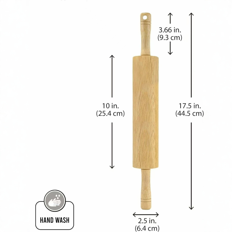 Rulă din lemn masiv, grosier, antiadeziv, 40 cm lungime, centru 22 cm, pentru foi de aluat pentru gyoză și aluat întins; stil rulou-tub