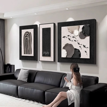 Tablou decorativ alb-negru minimalist pentru fundalul canapelei, triptic abstract cu nouă pești pentru sufragerie