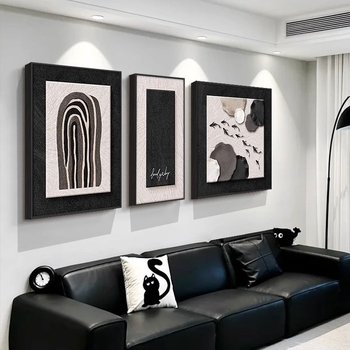 Tablou decorativ alb-negru minimalist pentru fundalul canapelei, triptic abstract cu nouă pești pentru sufragerie