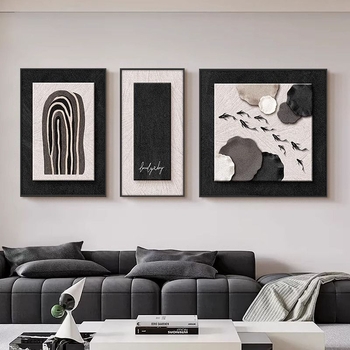Tablou decorativ alb-negru minimalist pentru fundalul canapelei, triptic abstract cu nouă pești pentru sufragerie