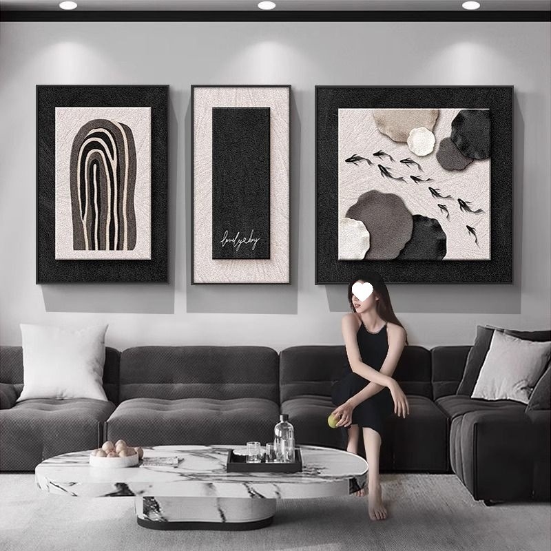Tablou decorativ alb-negru minimalist pentru fundalul canapelei, triptic abstract cu nouă pești pentru sufragerie