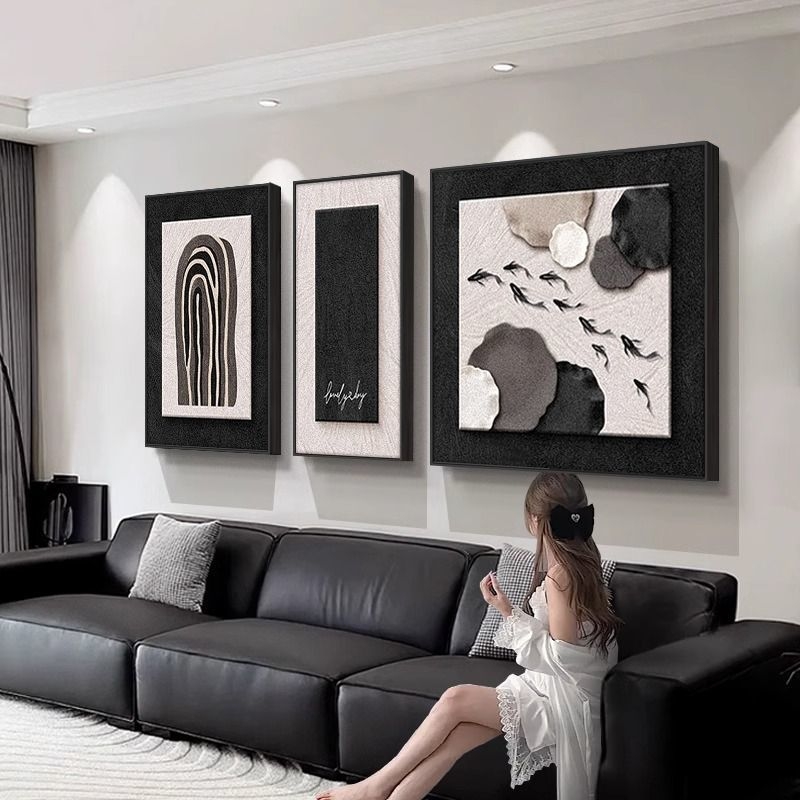 Tablou decorativ alb-negru minimalist pentru fundalul canapelei, triptic abstract cu nouă pești pentru sufragerie