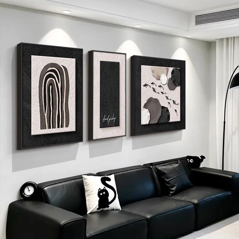 Tablou decorativ alb-negru minimalist pentru fundalul canapelei, triptic abstract cu nouă pești pentru sufragerie