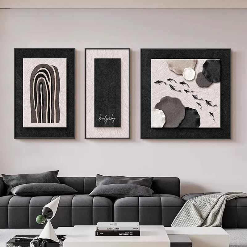 Tablou decorativ alb-negru minimalist pentru fundalul canapelei, triptic abstract cu nouă pești pentru sufragerie