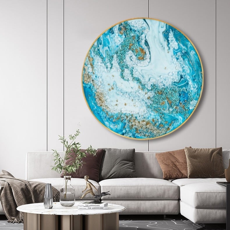 Tablou abstract pentru perete, rotund, cu incrustări de diamante pe porțelan cristal, înrămat, decor pentru living