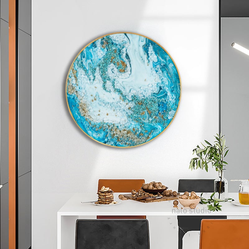Tablou abstract pentru perete, rotund, cu incrustări de diamante pe porțelan cristal, înrămat, decor pentru living