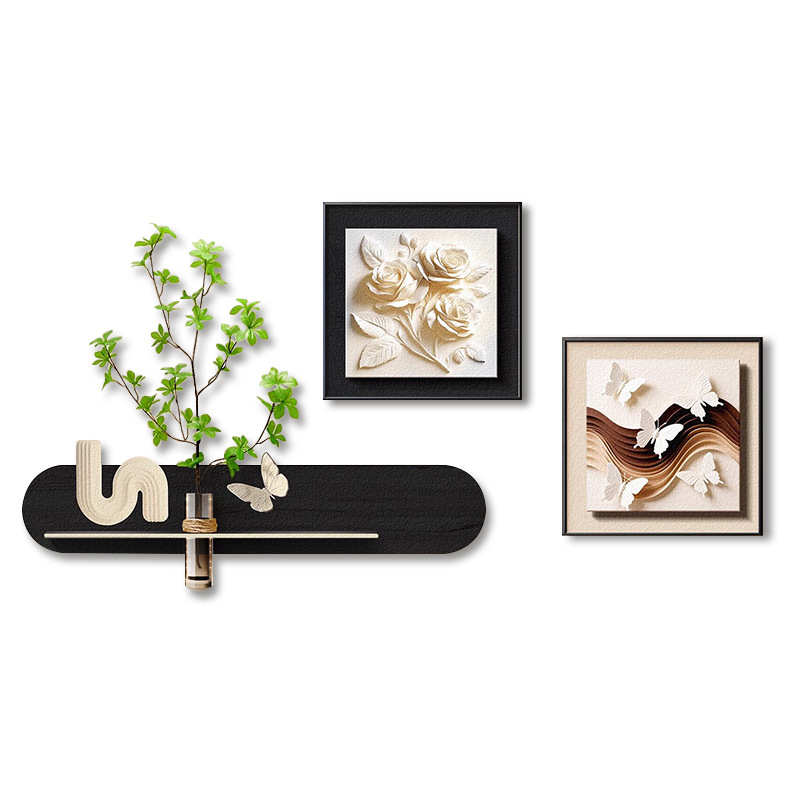 Tablouri în trei părți, înramate, pentru living, cu plante verzi hidroponice, design abstract creativ pentru fundalul canapelei