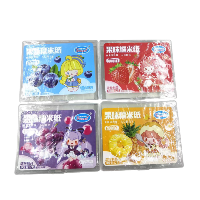 Shuzhi Animation 32 g hârtie de orez lipicioasă comestibilă, cu arome de fructe, în patru gusturi: căpșună, afine, strugure și ananas