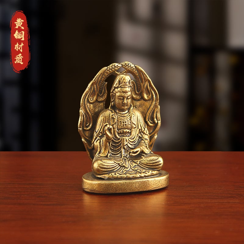 Guanyin Bodhisattva месингова статуя, медитираща върху лотос със змиев подиум, ретро месингова изработка