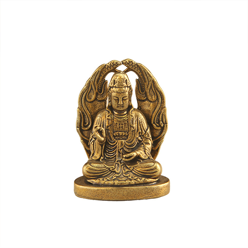 Guanyin Bodhisattva месингова статуя, медитираща върху лотос със змиев подиум, ретро месингова изработка