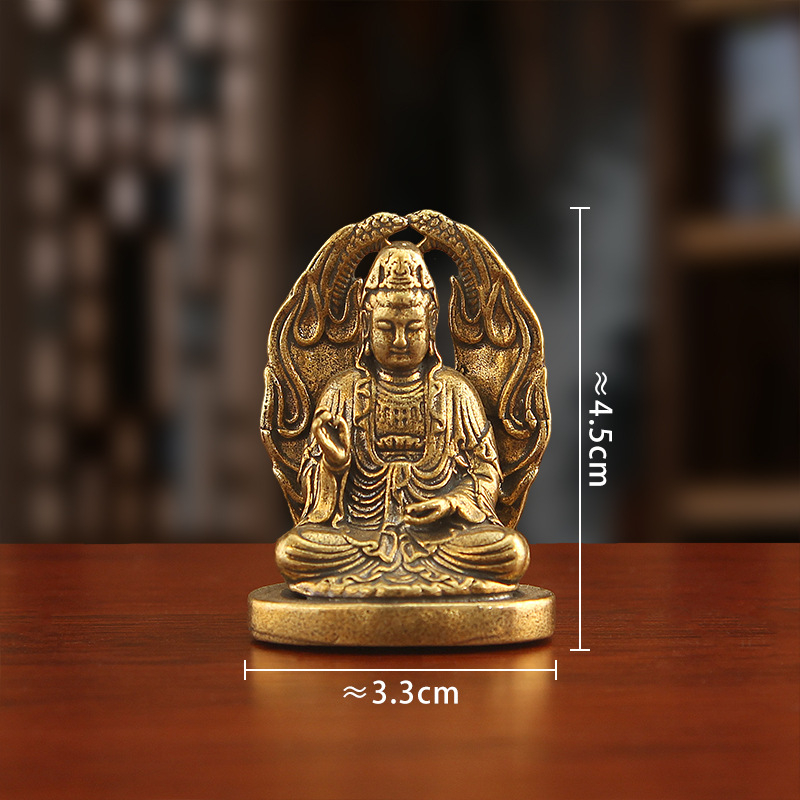 Guanyin Bodhisattva месингова статуя, медитираща върху лотос със змиев подиум, ретро месингова изработка